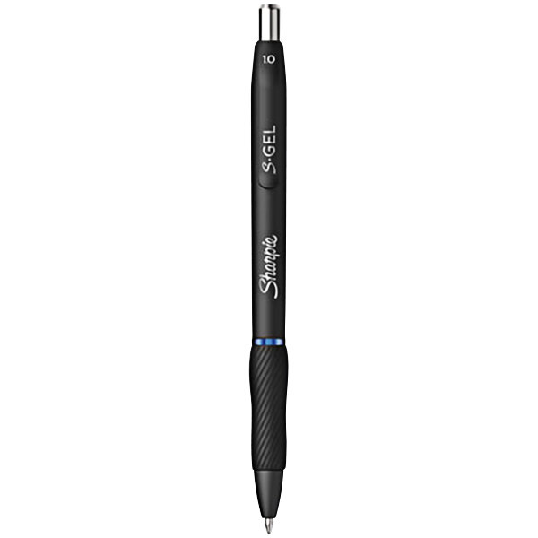 A black pen with white text that says "S-Gel Blue Ink"