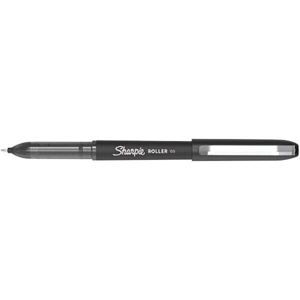 A black Sharpie roller ball stick pen with a clear cap.