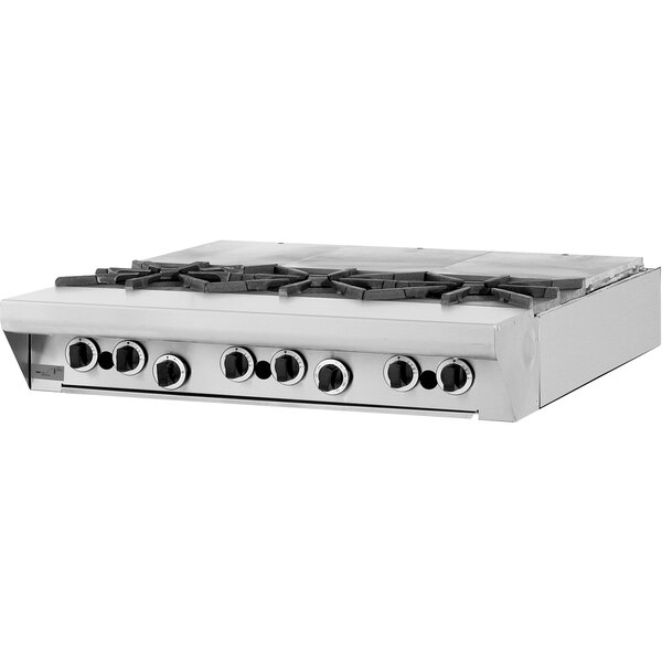 A stainless steel Garland Master Series natural gas French top range with 3 burners.