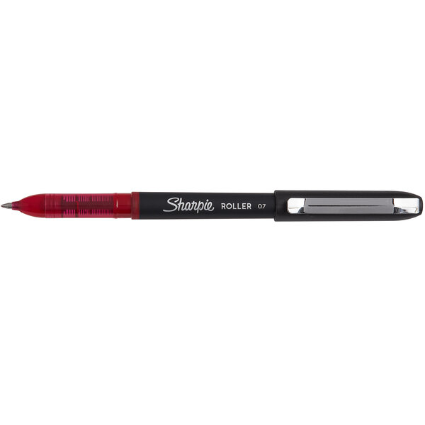 A Sharpie Roller red pen with a black tip and cap.
