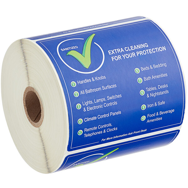 A roll of blue American Metalcraft Sanitization Decals.