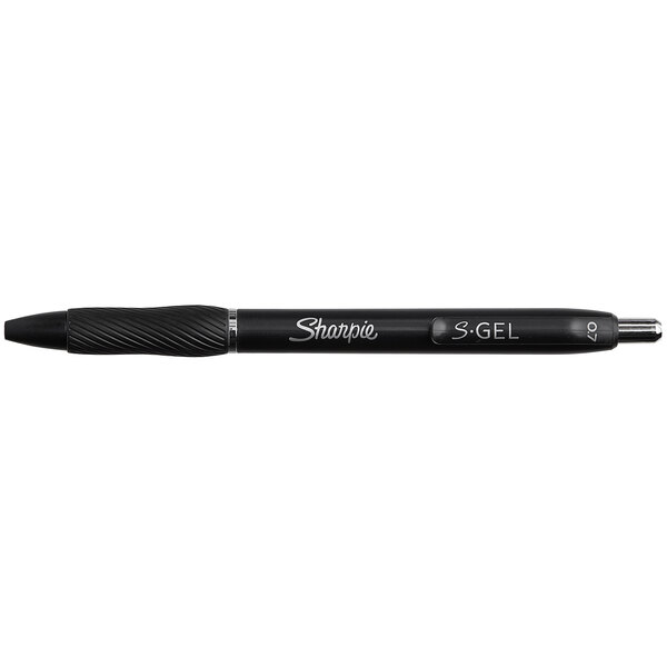 A Sharpie S-Gel black pen with a black tip and barrel.