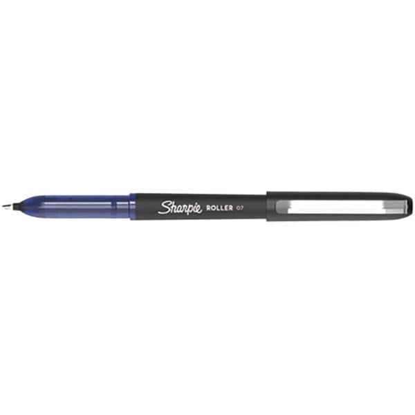A close-up of a black and blue Sharpie Roller Ball Stick Pen.