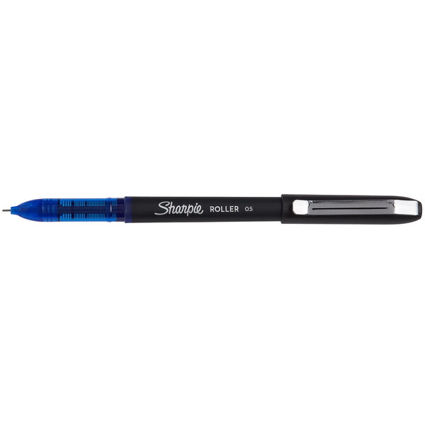 The black and blue Sharpie Roller Ball Stick Pen with a blue cap.