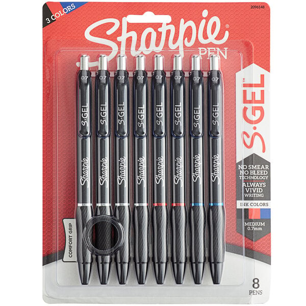 Sharpie S-Gel Retractable Gel Pen, Medium 0.7 mm, Assorted Ink, Black Barrel, 8/Pack