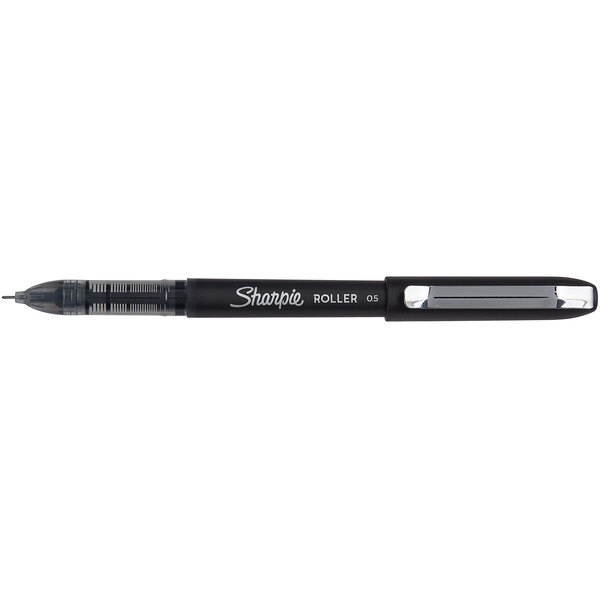 A black Sharpie roller ball pen with a clear cap and silver tip.