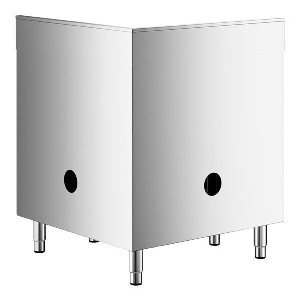 A stainless steel corner unit with a flat top, two hinged doors featuring circular cutouts, and four cylindrical legs.