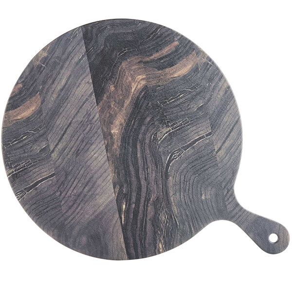 A round faux wood melamine serving paddle with a wood design.