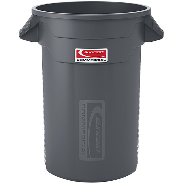 A gray Suncast round trash can with a lid.