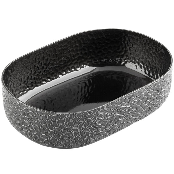 A black oval aluminum serving bowl with a crackle pattern.
