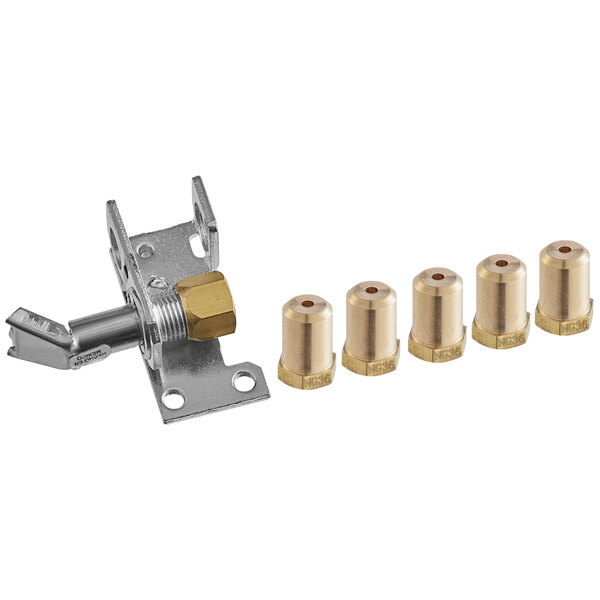 A group of brass cylinders and metal pieces with gold screws.