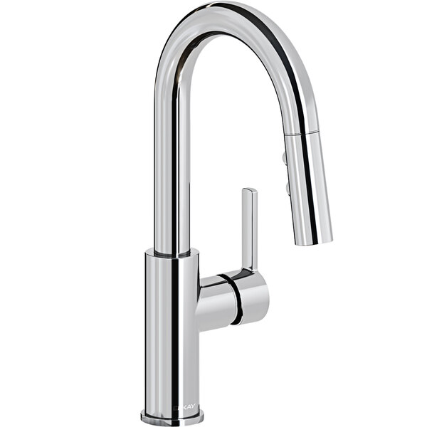 An Elkay Avado chrome deck-mount bar faucet with a lever handle and pull-down spray head.