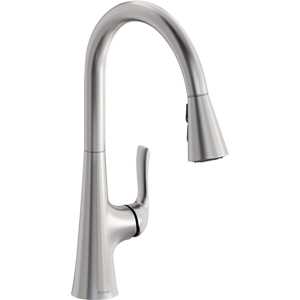 A silver Elkay deck-mount kitchen faucet with a curved spout.
