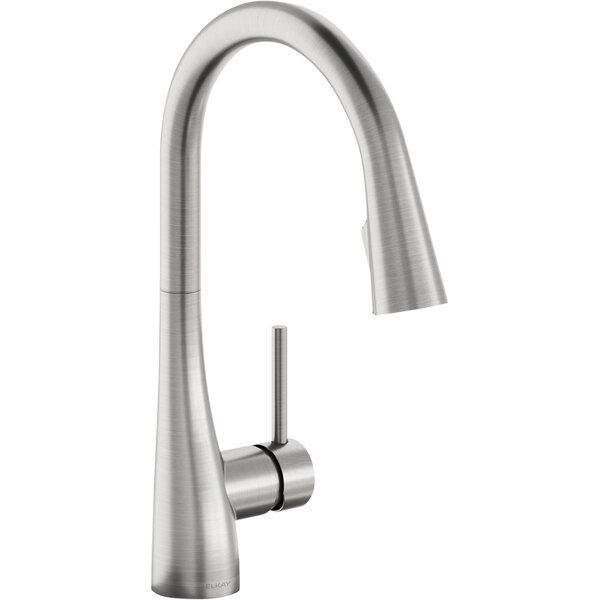 An Elkay deck-mount kitchen faucet with a stainless steel finish and forward lever handle.