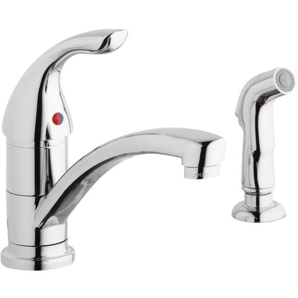 An Elkay chrome deck-mount kitchen faucet with lever handle and side spray head.