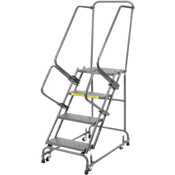 A metal Ballymore 4-step ladder with spring loaded casters and a handrail.