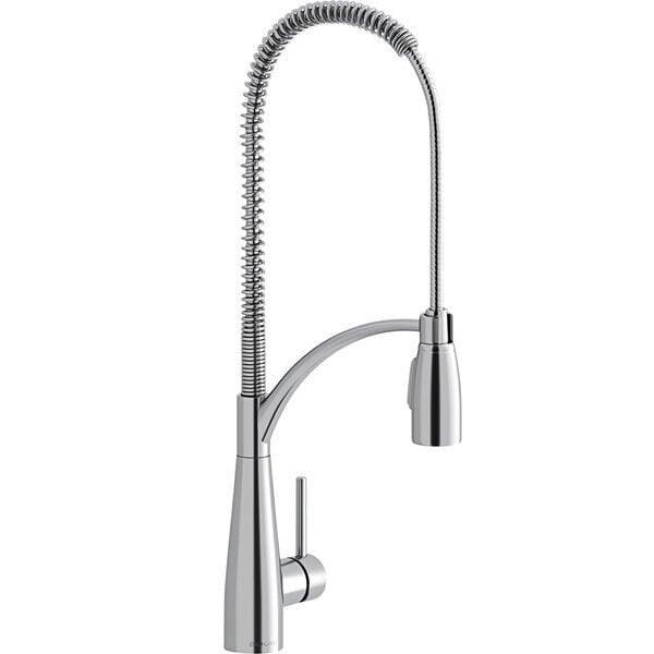 An Elkay deck-mount chrome kitchen faucet with semi-professional spout and forward lever handle.