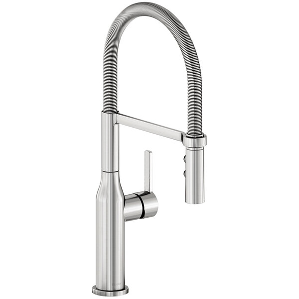 An Elkay deck-mount kitchen faucet with a curved silver spout and lever handle.