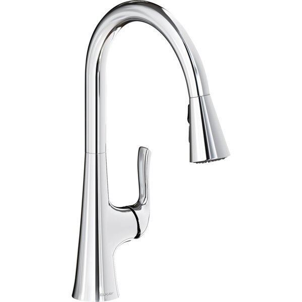 An Elkay chrome deck-mount kitchen faucet with a forward lever handle and pull-down spray head.