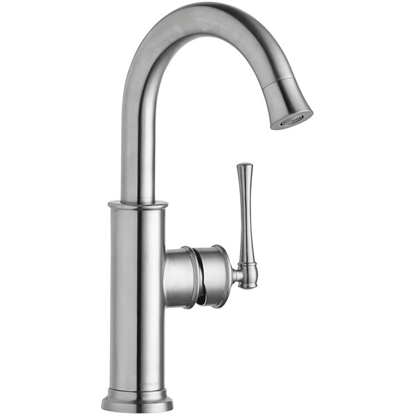 An Elkay lustrous steel deck-mount bar faucet with a forward lever handle.