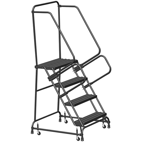 A black metal Ballymore 4-step rolling ladder.