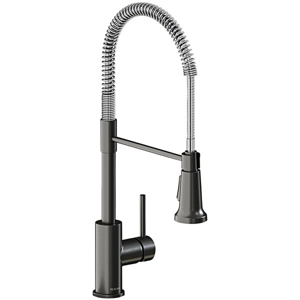 An Elkay deck mount kitchen faucet with a black and chrome finish and a semi-professional spout.