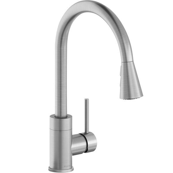 An Elkay Avado deck-mount kitchen faucet in stainless steel with a forward lever handle.