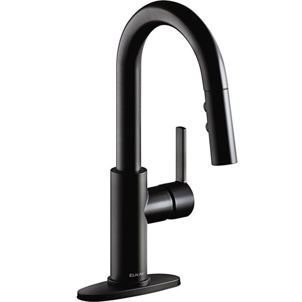 An Elkay Avado deck-mount matte black bar faucet with a curved lever handle.