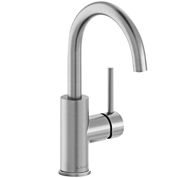 An Elkay Avado stainless steel deck-mount bar faucet with a gooseneck spout and lever handle.