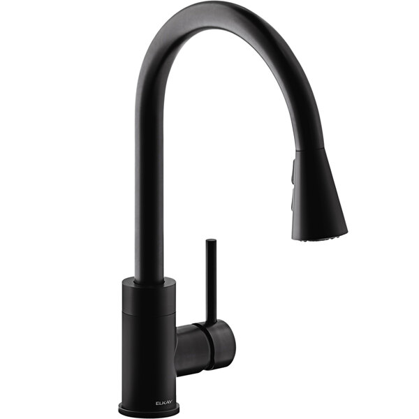 An Elkay Avado deck-mount matte black kitchen faucet with a single forward lever handle.