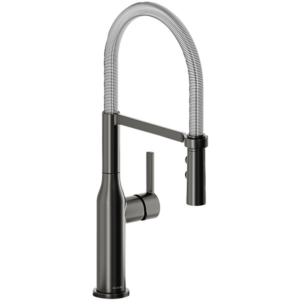 An Elkay Avado deck-mount kitchen faucet with a black and chrome finish and a curved lever handle.