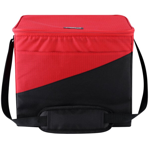 A red and black Igloo cooler bag with a black strap.