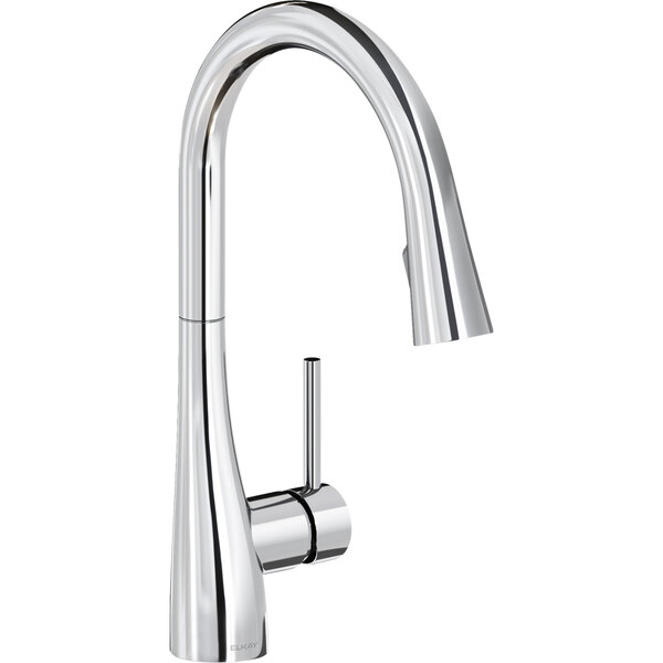 An Elkay chrome deck-mount kitchen faucet with a single lever.