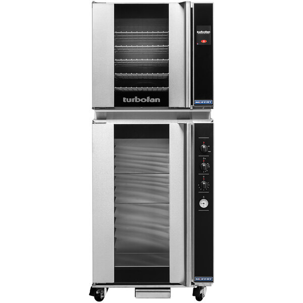 A Moffat Turbofan electric convection oven with two doors and shelves.