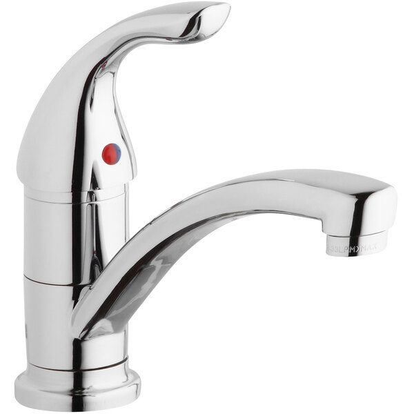 An Elkay chrome deck-mount kitchen faucet with a red lever handle.