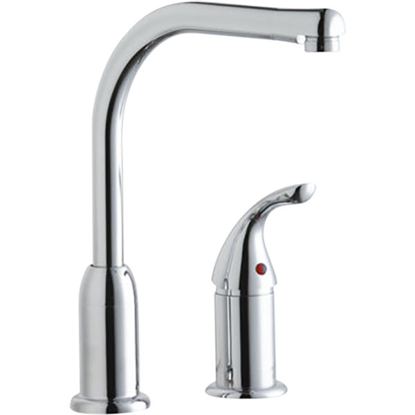 An Elkay chrome deck-mount kitchen faucet with remote lever handle and restricted spout.