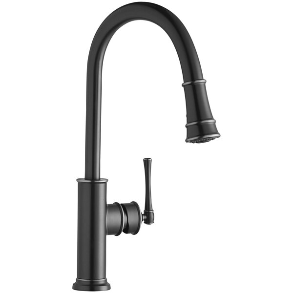An Elkay deck-mount bar faucet with pull-down spray in antique steel with a forward lever handle.