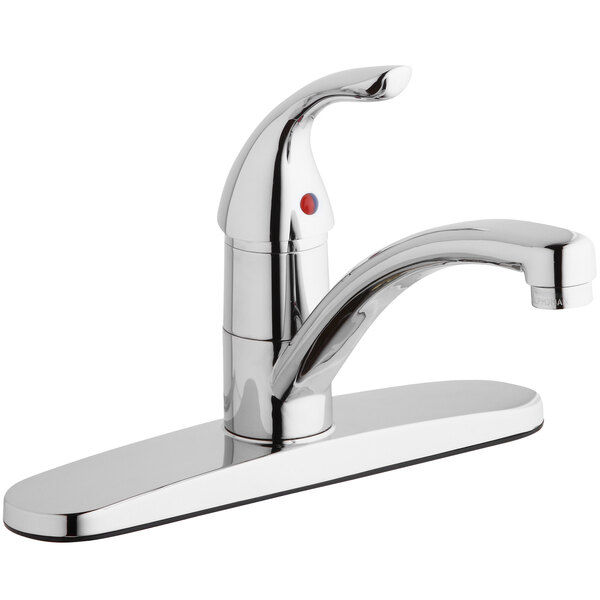 An Elkay chrome deck-mount kitchen faucet with lever handle and deck plate.
