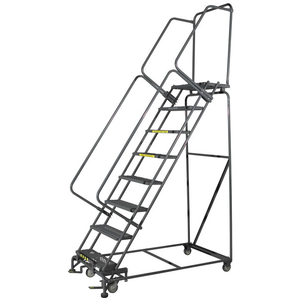 A gray steel Ballymore rolling ladder with metal railings and wheels.