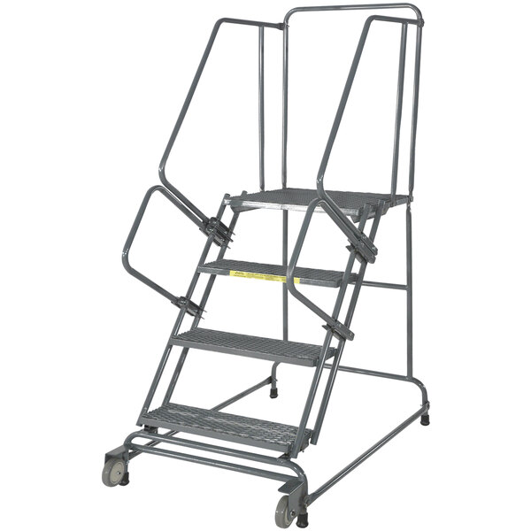 A gray steel Ballymore rolling safety ladder with 6 steps and 4 casters.