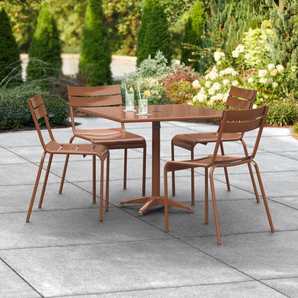 Lancaster Table & Seating 36" x 36" Brown Powder-Coated Aluminum Dining Height Outdoor Table with Umbrella Hole and 4 Side Chairs