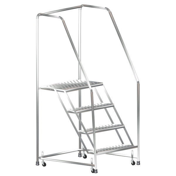 A Ballymore stainless steel rolling ladder with handrails and wheels.