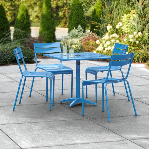 Lancaster Table & Seating 32" x 32" Blue Powder-Coated Aluminum Dining Height Outdoor Table with Umbrella Hole and 4 Side Chairs