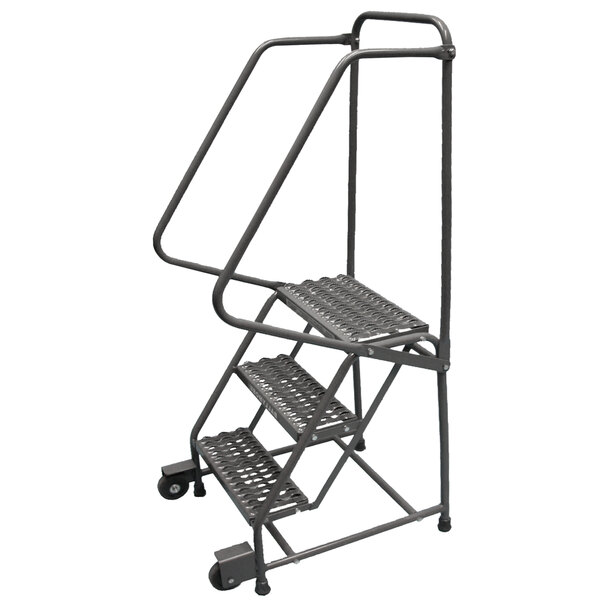 A metal Ballymore rolling ladder with four steps and wheels.