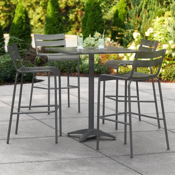 Lancaster Table Seating 32 X Matte Gray Powder Coated Aluminum Bar Height Outdoor With Umbrella Hole And 4 Barstools - Bar Height Patio Set With Umbrella Hole