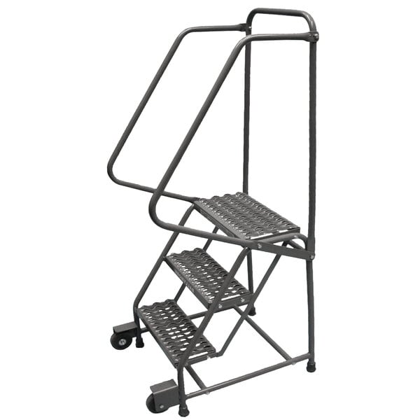 A Ballymore gray steel rolling safety ladder with 2 steps and handrail.