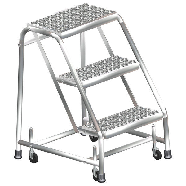 A Ballymore stainless steel 3-step ladder with wheels.
