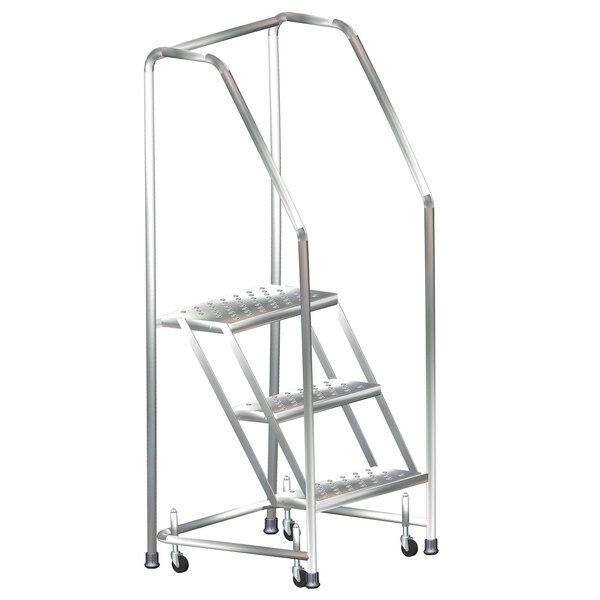 A stainless steel Ballymore rolling ladder with two steps, handrails, and spring loaded casters.