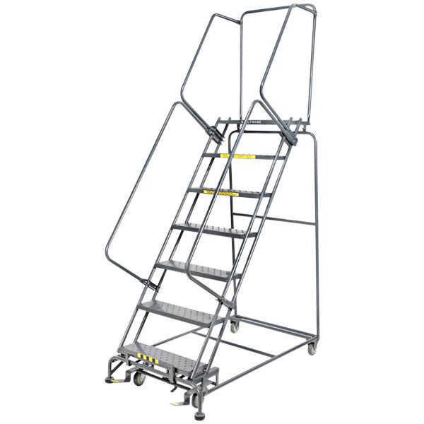 A Ballymore gray steel rolling ladder with yellow handles.