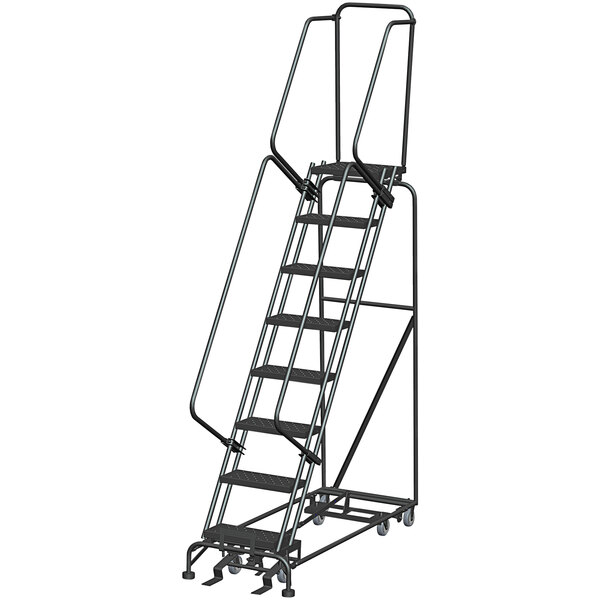 A gray steel Ballymore rolling ladder with black bars.